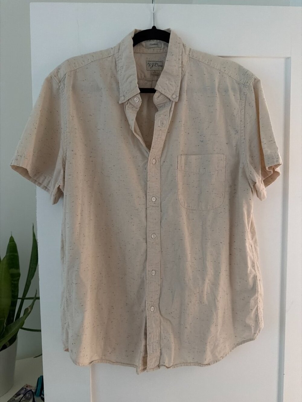J.Crew Classic Short Sleeve Button Down Shirt Mens Large Cream Speckled